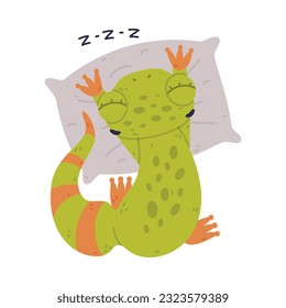 Funny Green Gecko Character Lying on Pillow and Sleeping Vector Illustration