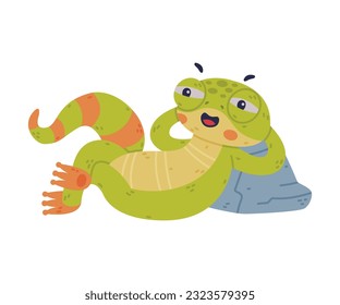 Funny Green Gecko Character Lying on Stone and Thinking Vector Illustration