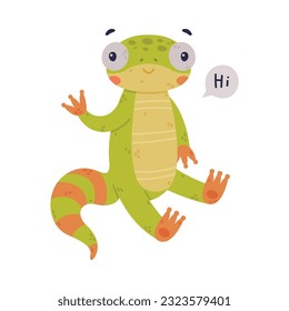 Funny Green Gecko Character Sitting and Waving Paw Saying Hi Greeting Vector Illustration