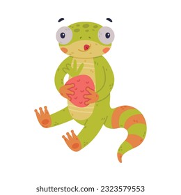 Funny Green Gecko Character Sitting and Eating Strawberry Vector Illustration