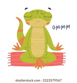 Funny Green Gecko Character Sitting in Yoga Pose on Mat and Meditating Vector Illustration