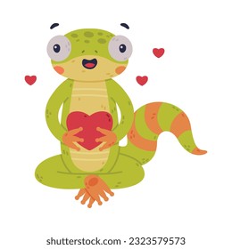 Funny Green Gecko Character Sitting with Red Heart Feeling Love Vector Illustration