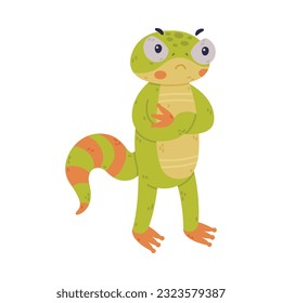 Funny Green Gecko Character Standing with Grumpy Face Vector Illustration