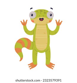 Funny Green Gecko Character Standing and Smiling Vector Illustration