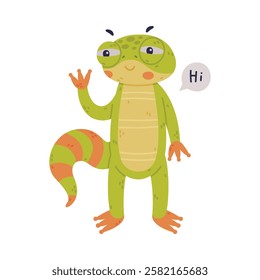 Funny Green Gecko Character Standing and Waving Paw Saying Hi Greeting Vector Illustration