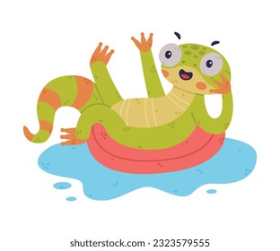 Funny Green Gecko Character Swimming in Pond with Rubber Ring Vector Illustration