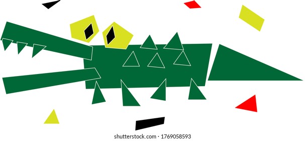 Funny green geometric crocodile in the children's applique style. Restricted color palette, vector illustration.