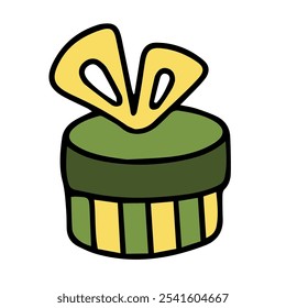 Funny green gift box with a yellow bow. vector drawing. Design element