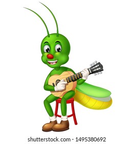 Funny Green Grasshopper With Acoustic Guitar Cartoon For Your Design