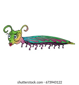 Funny green horned scolopendra with pink lips,  hand drawn doodle color sketch in pop art style, vector illustration