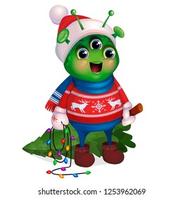 Funny green humanoid, illustration for the postcard Merry Christmas and Happy New Year. Cute Alien in red sweater with deer, mittens, scarf and hat, holds in hands felled Christmas tree, carries home.