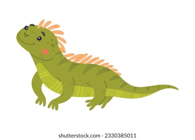 Funny Green Iguana Character with Scales Sitting and Smiling Vector Illustration