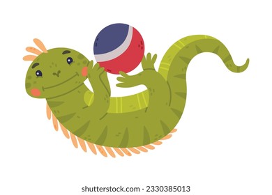 Funny Green Iguana Character with Scales Rolling on Its Back Playing Ball Vector Illustration