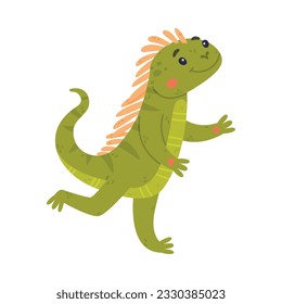 Funny Green Iguana Character with Scales Running Vector Illustration