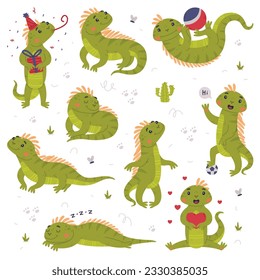 Funny Green Iguana Character with Scales Engaged in Different Activity Vector Set