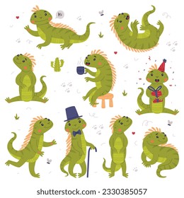 Funny Green Iguana Character with Scales Engaged in Different Activity Vector Set