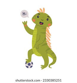 Funny Green Iguana Character with Scales Greeting Saying Hi Standing with Ball Vector Illustration