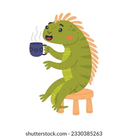 Funny Green Iguana Character with Scales Sitting on Stool Drinking Hot Tea with Mug Vector Illustration