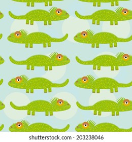 Funny green iguana Seamless pattern with cute animal on a blue background. Vector