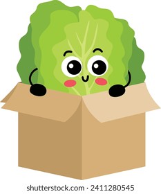 Funny green lettuce mascot in cardboard box