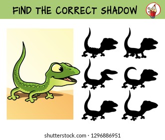 Funny green lizard. Find the correct shadow. Educational matching game for children. Cartoon vector illustration