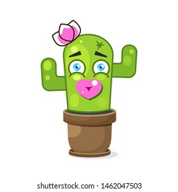 Funny Green Mexican Cactus . Isolated On White Background. Vector Illustration.