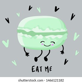 Funny green, mint, lime macaroon character, cartoon style vector illustration on gray background. Cute macaroon smiley character with eyes and legs