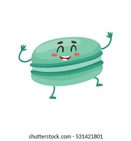 Funny green, mint, lime macaroon character, cartoon style vector illustration isolated on white background. Cute smiley macaroon character with eyes and legs