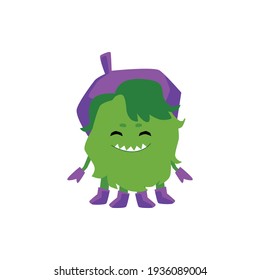 Funny green monster baby in purple beret smiling with sharp teeth