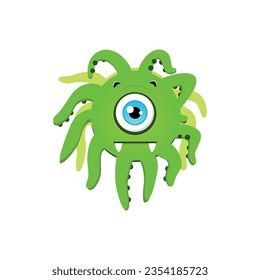 Funny green monster. Cartoon illustration of a doubting one-eyed monster with tentacles isolated on a white background. Vector 10 EPS.