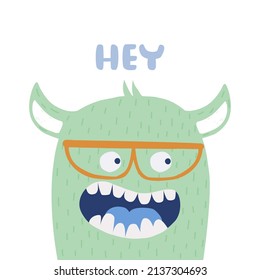 Funny green monster with glasses. Kids graphic. Vector hand drawn illustration.
