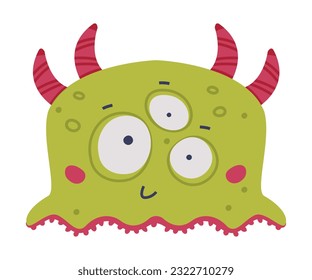 Funny Green Monster with Horns and Bulging Eye Vector Illustration