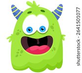 Funny green monster with horns, children's character, print
