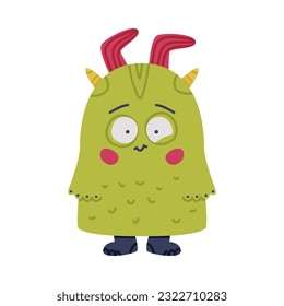 Funny Green Monster with Horns and Hairy Body Standing Vector Illustration