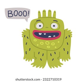 Funny Green Monster with Horns Saying Boo Vector Illustration