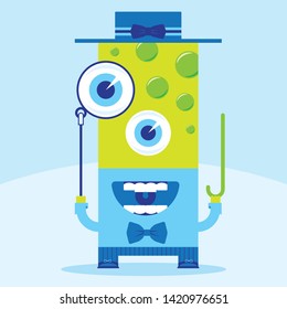 Funny Green Monster with Monocle Cartoon Illustration Isolated