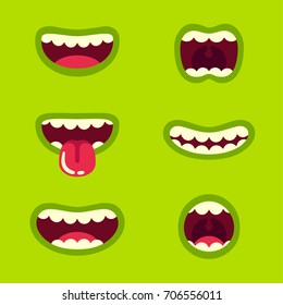 Funny green monster mouth set with different cartoon expressions. Smile with teeth, sticking out tongue, screaming. Vector illustration.