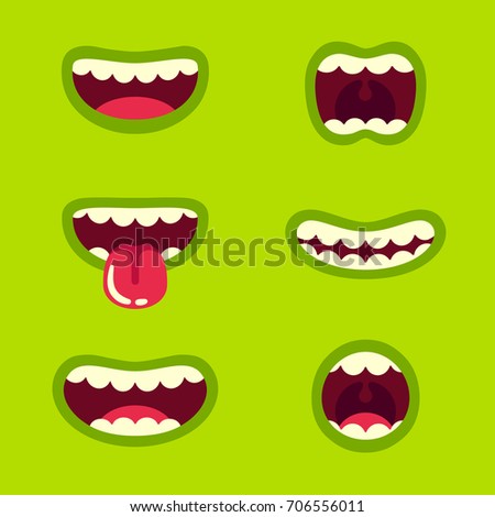 Funny green monster mouth set with different cartoon expressions. Smile with teeth, sticking out tongue, screaming. Vector illustration.