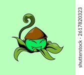 Funny green monster plant illustration with a hat. Ideal for stickers, prints, and digital art.