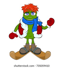 Funny green monster with red hair, teeth, dressed in a scarf, mittens, vest and skis. Cartoon flat style vector illustration.