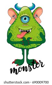 Funny green monster with a smile, with one blue eye, blue horns.