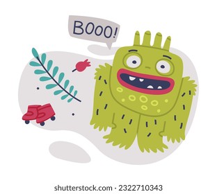 Funny Green Monster with Toothy Mouth and Fur Vector Illustration