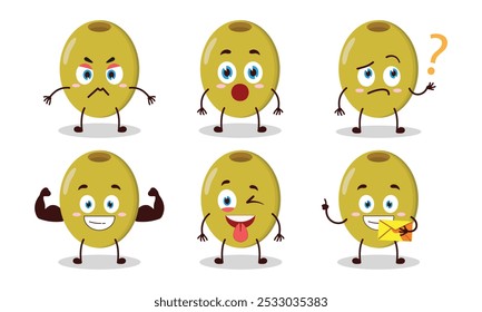 funny green olive cartoon with different expressions character vector illustration