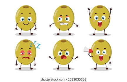 funny green olive cartoon with many expressions vector illustration