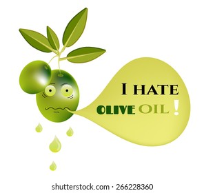Funny, green olive with leaves and text
