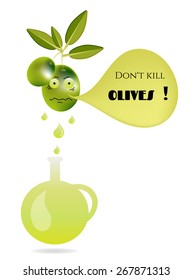Funny, green olive with leaves and text