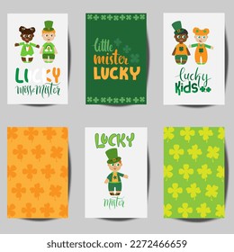 Funny green and orange kids cards for ST.Patrick Day with lettering and cute doodles. Little Miss and Mister Lucky poster for Irish party. Cute clover cards invitation.