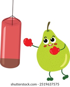 Funny green pear character mascot playing boxing