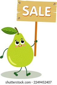 Funny green pear mascot holding a wooden signboard with the inscription sale
