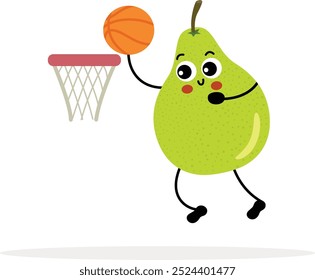 Funny green pear mascot playing basketball
